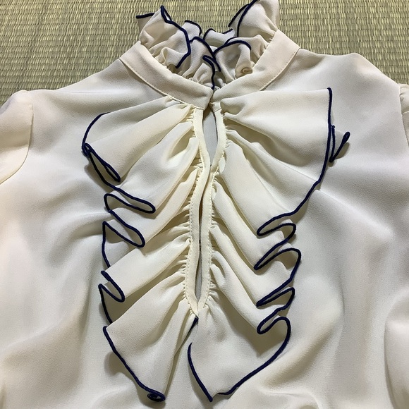 Vintage White Ruffle Dress Blue Trim ILGWU Tag Adolph Schuman for Lilli Ann 70s - Picture 8 of 11